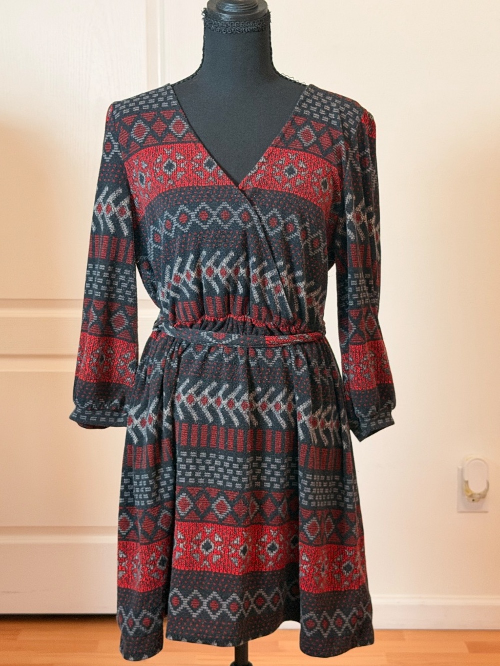 Pink Owl Cottagecore Aztec Print Faux Wrap Sweater Dress Sz L